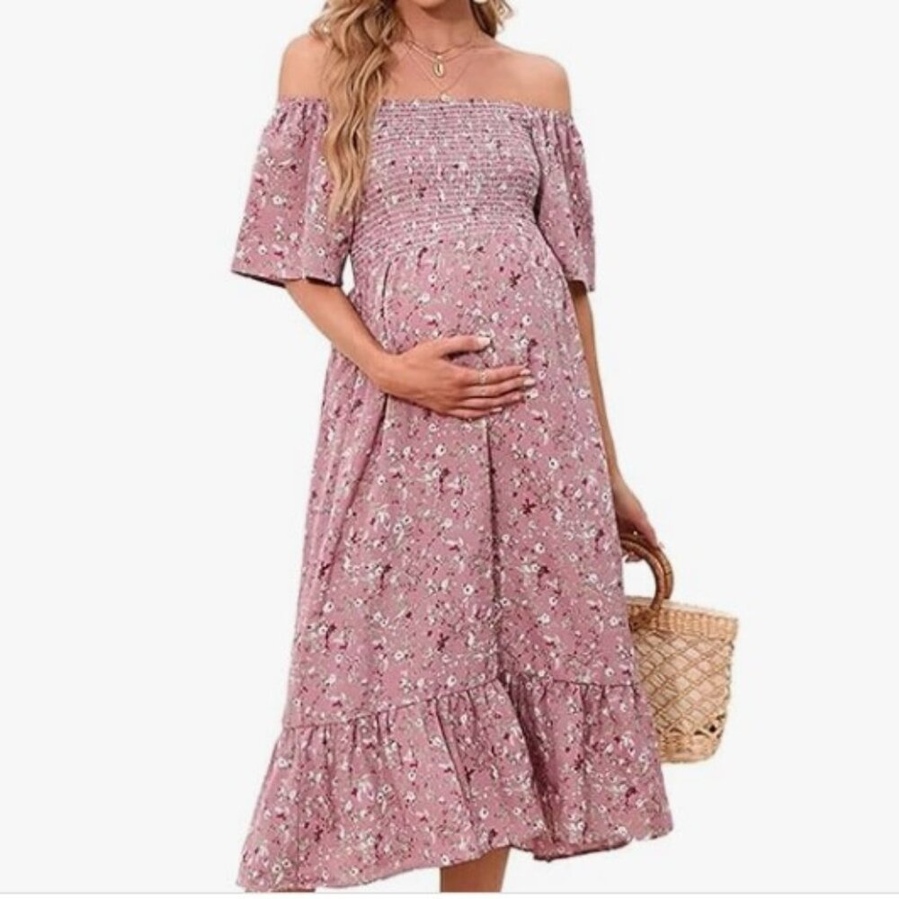 Maternity Boho Off Shoulder Midi Dress Pink
